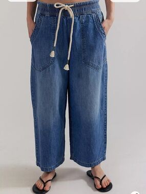WIDE LEG ROPE TIE JEANS TIKTOK SIZE MEDIUM ELASTIC EASY PULL-ON